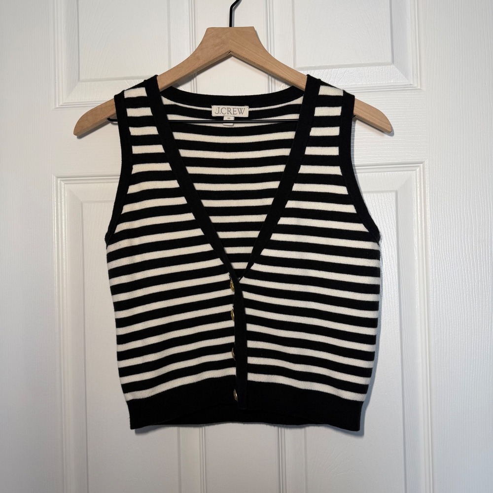 J.Crew Striped Cotton Sweater Vest Black White Gold Button XS old money preppy